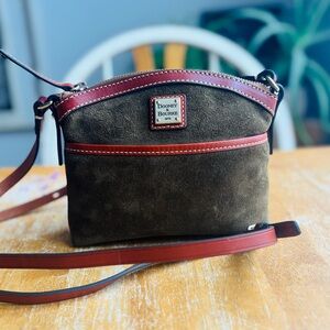 Dooney & Bourke Olive Suede Bag with Red Accents